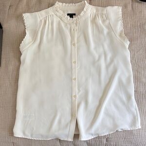 Ann Taylor Cream Ruffle Cap-Sleeve Button-Front Blouse